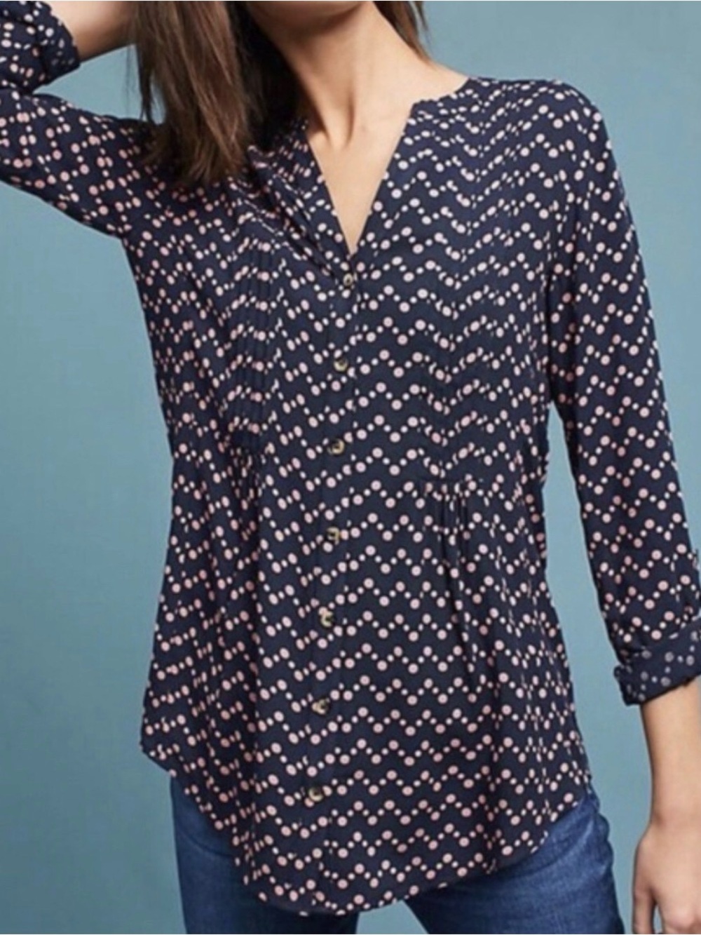 Maeve Anthropologie Navy Blue Polka Dot Button Front